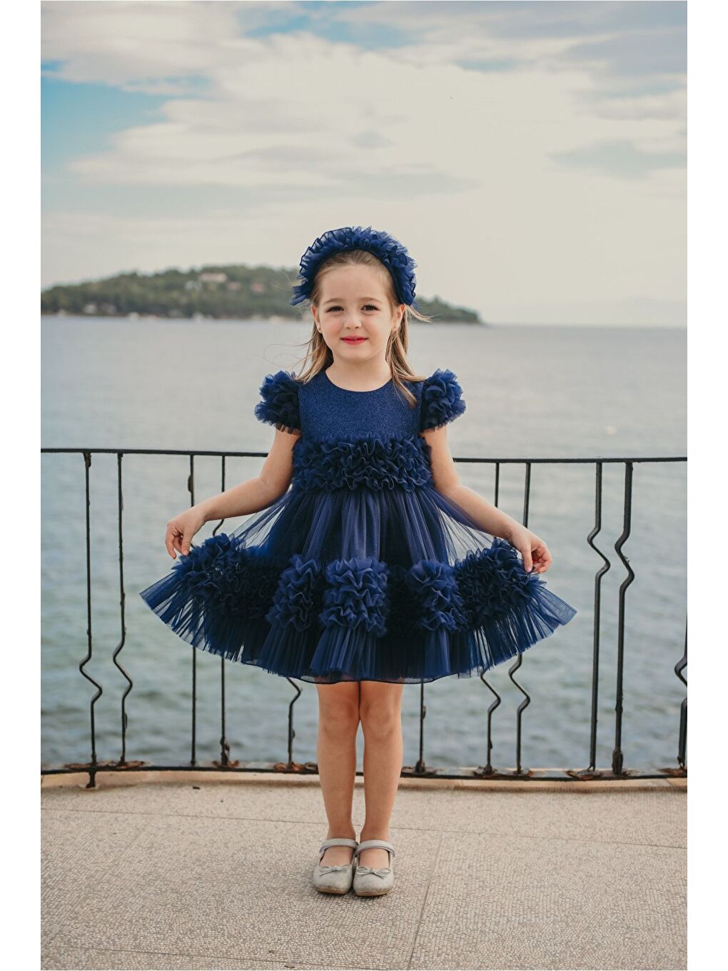 Lacivert Özel Tasarım Saç Aksesuarlı Kız Çocuk Abiye Doğum Günü Ve Parti Elbisesi_M2306-5