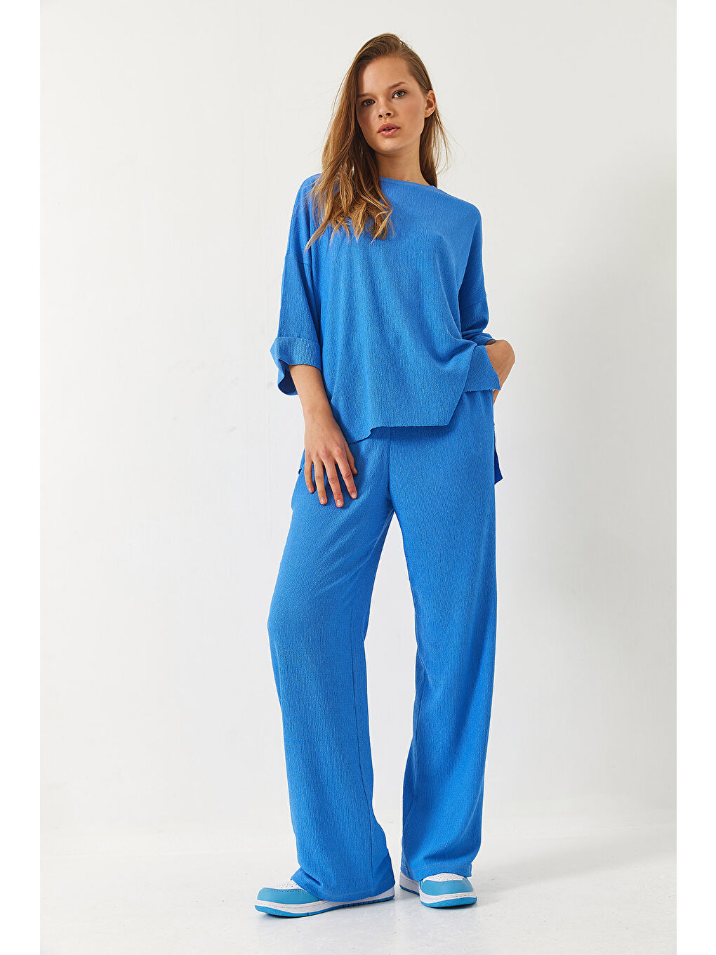 Mavi Kadın Yarım Kollu Palazzo Pantolonlu Bisiklet Yaka Alt-Üst Takım-2