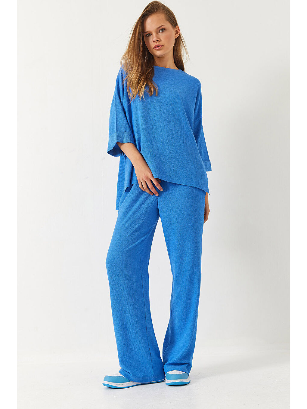 Mavi Kadın Yarım Kollu Palazzo Pantolonlu Bisiklet Yaka Alt-Üst Takım-3