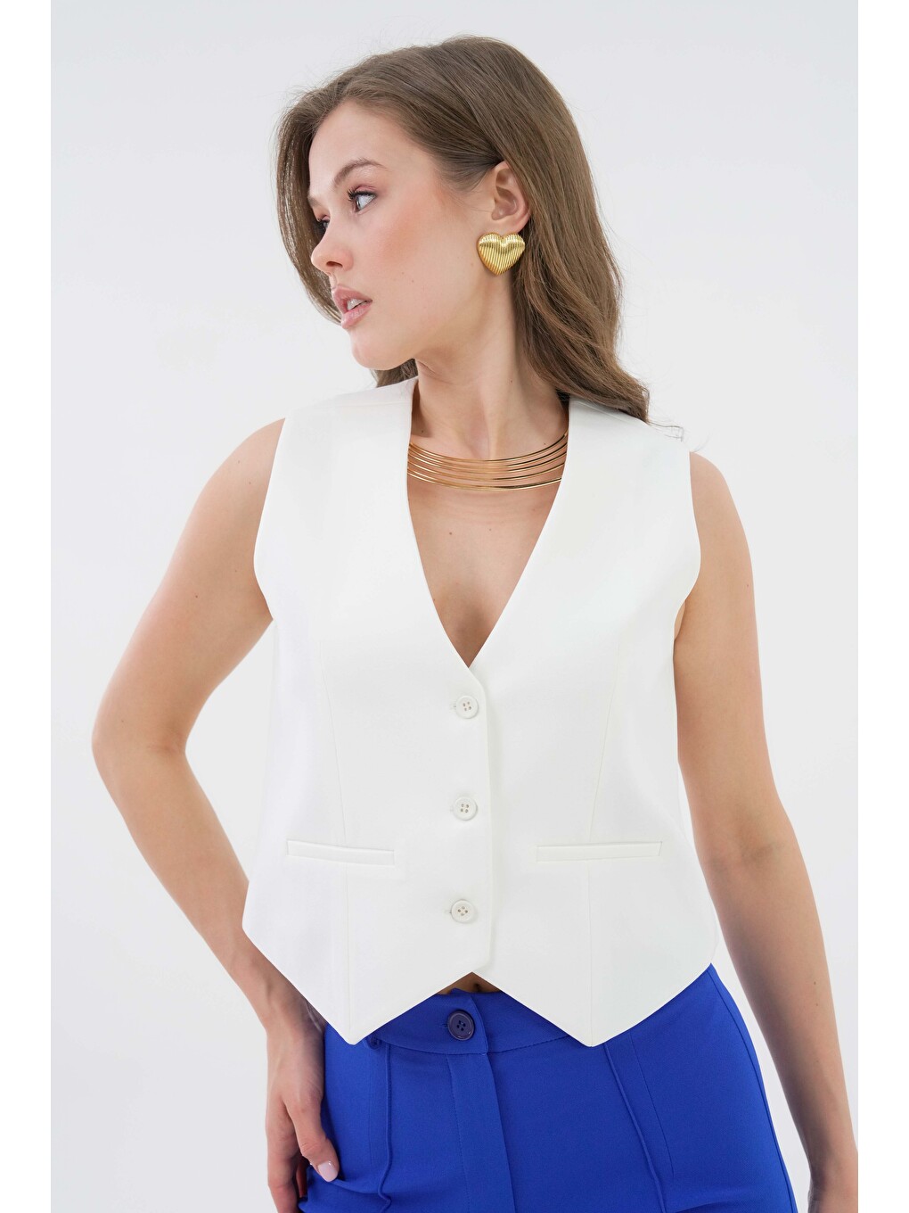 Beyaz Kadın V Yaka Düğmeli Klasik Dokuma Blazer Yelek-2