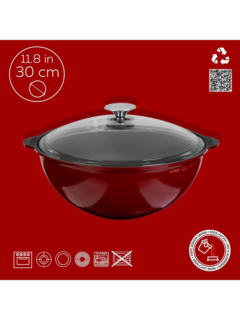 Bordo Yuvarlak Cam Kapaklı Kazan / Tencere. Döküm Demir Yekpare Kulplu Çap(Ø)30 cm.-3