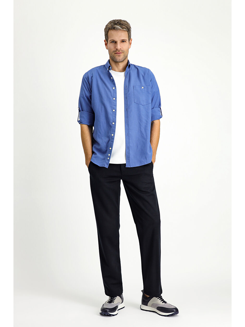 Mavi Uzun Kol Regular Fit Spor Düğmeli Yaka Gömlek-1