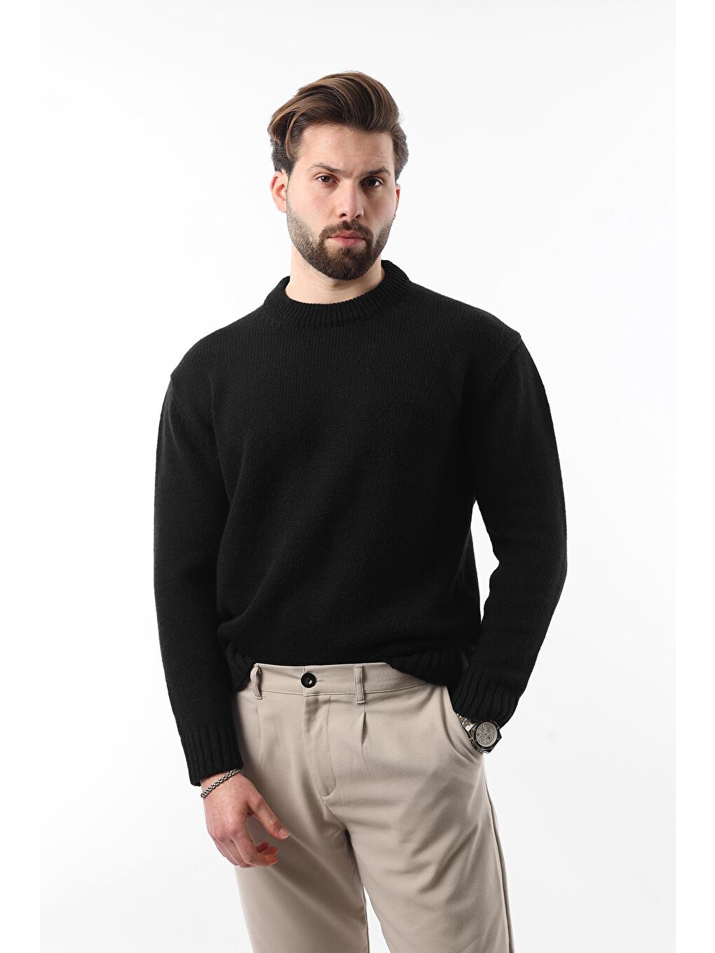 Siyah Bisiklet Yaka Overfit Erkek Triko Kazak E7402-3