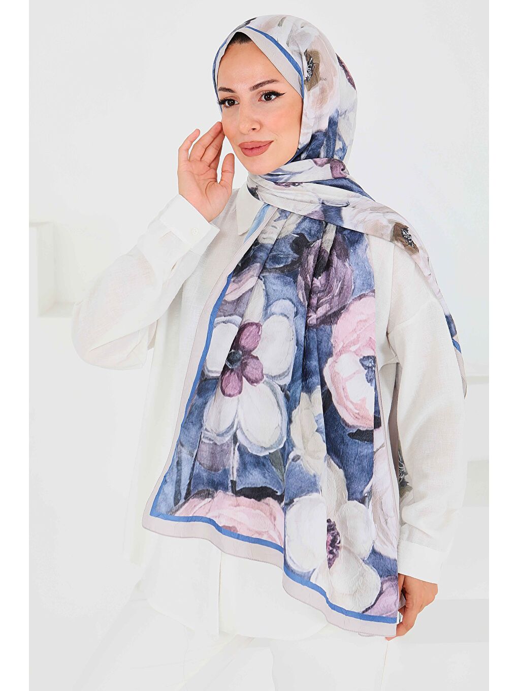 Mavi Desenli Bambu Kare Şal Saks - 27523-1