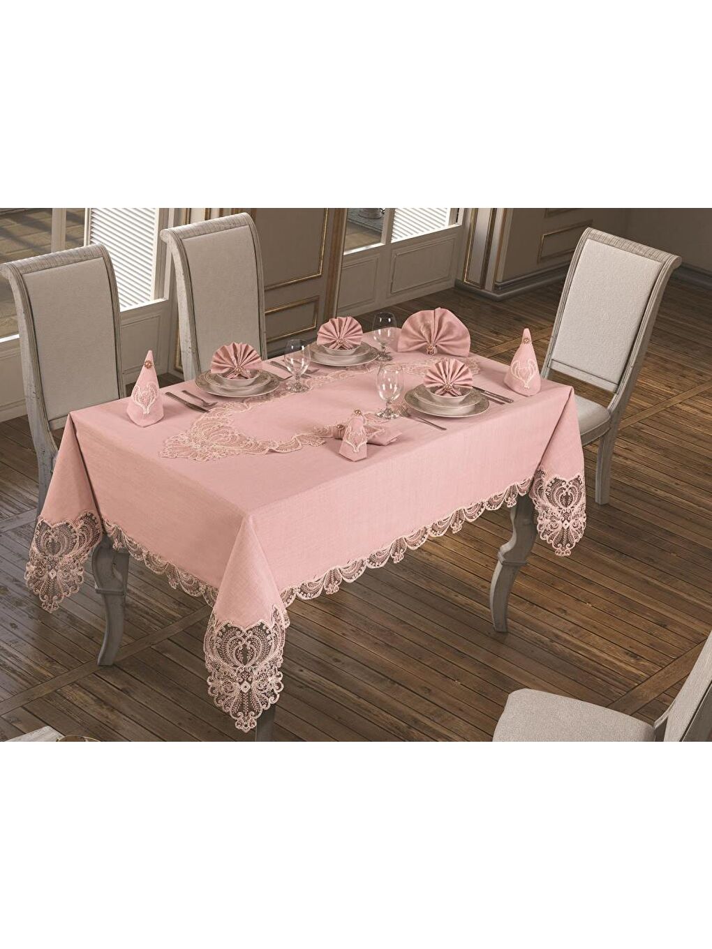 Pembe Fransız Güpürlü Yasemin Kadife Tek Masa Örtüsü Pudra