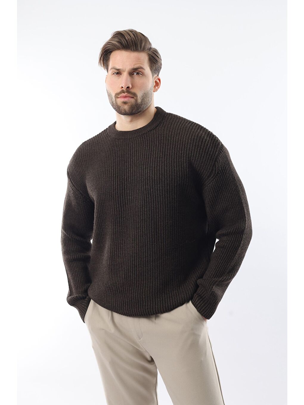 Kahverengi Bisiklet Yaka Triko Erkek Kazak E7410-1