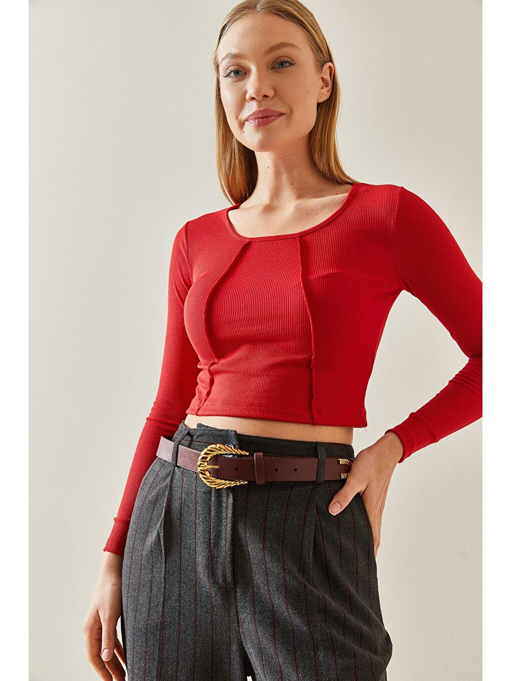 Kırmızı Yuvarlak Yaka Kaşkorse Crop Basic Bluz 4KXK2-47888-04-2