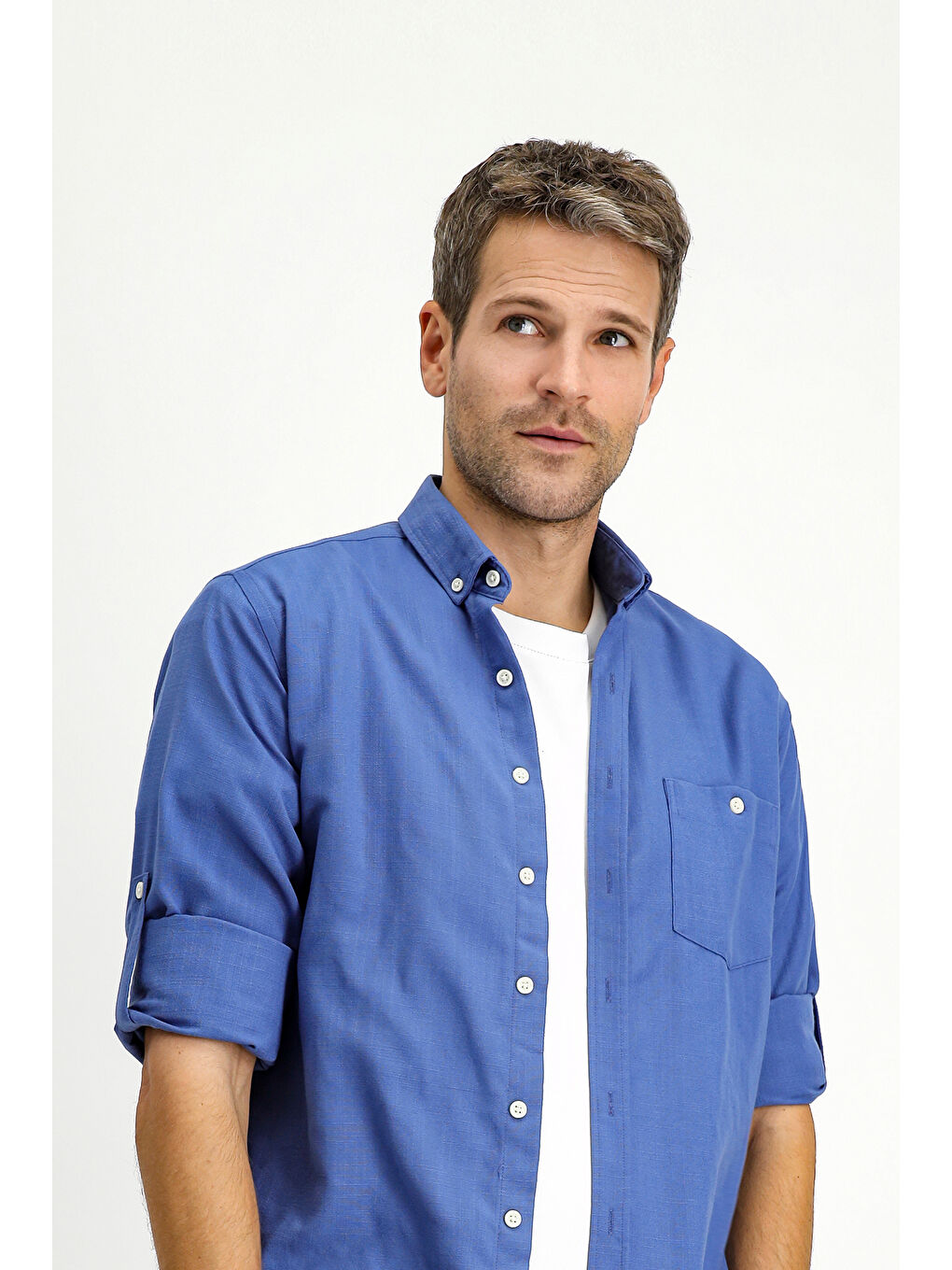 Mavi Uzun Kol Regular Fit Spor Düğmeli Yaka Gömlek-2