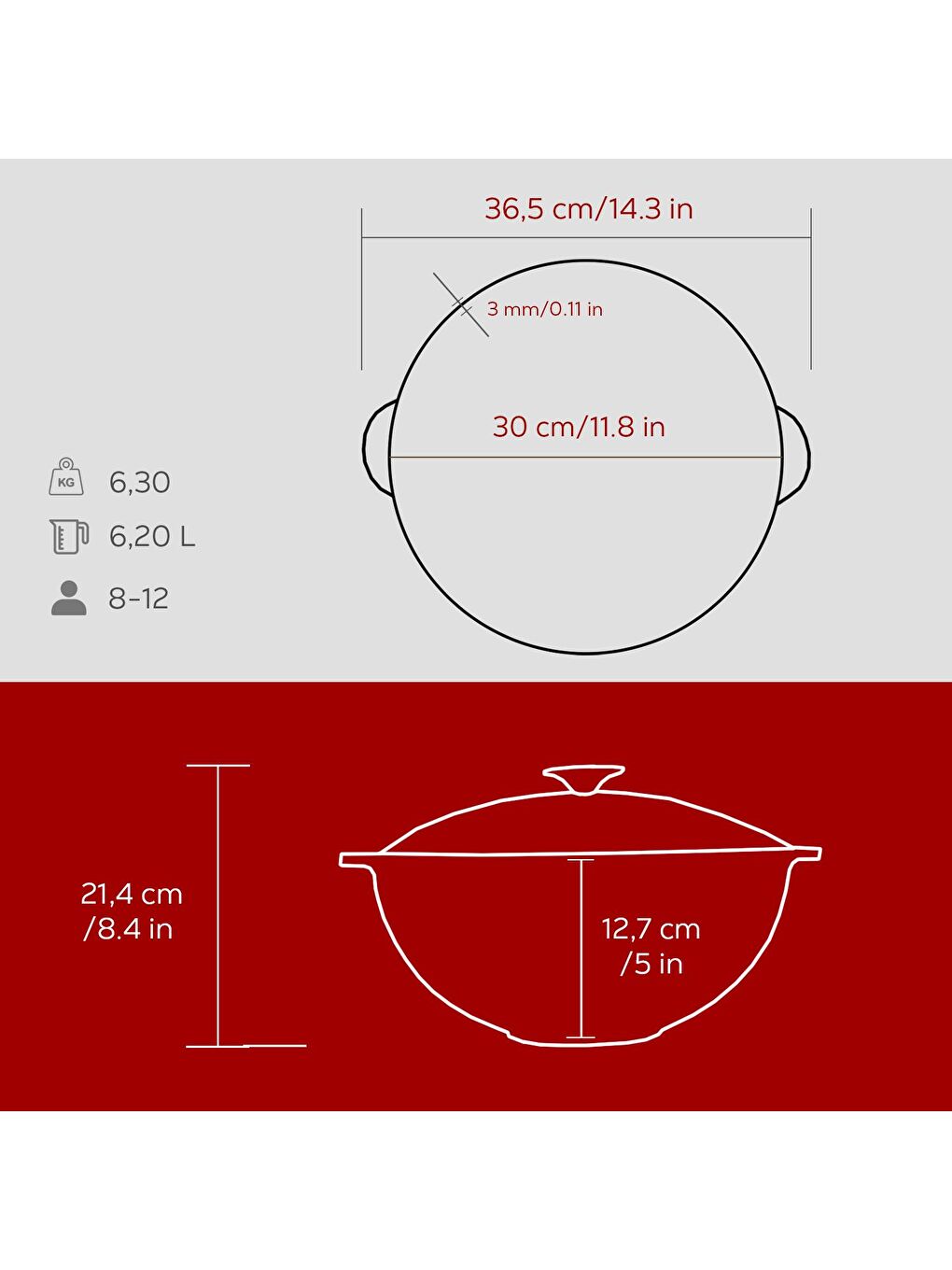Bordo Yuvarlak Cam Kapaklı Kazan / Tencere. Döküm Demir Yekpare Kulplu Çap(Ø)30 cm.-4