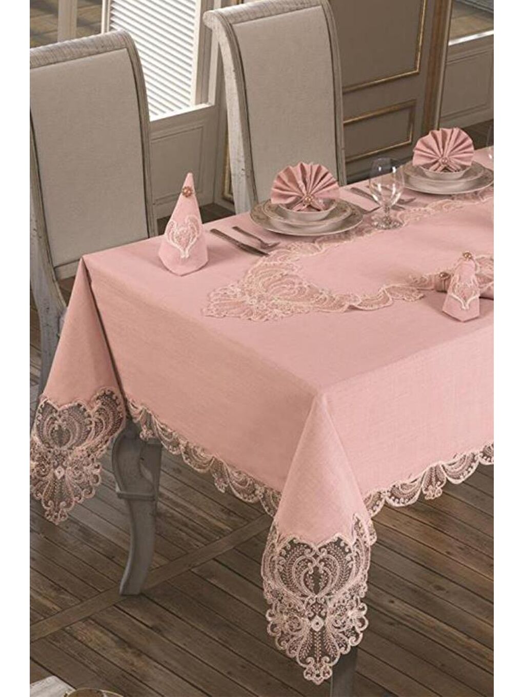 Pembe Fransız Güpürlü Yasemin Kadife Tek Masa Örtüsü Pudra-1