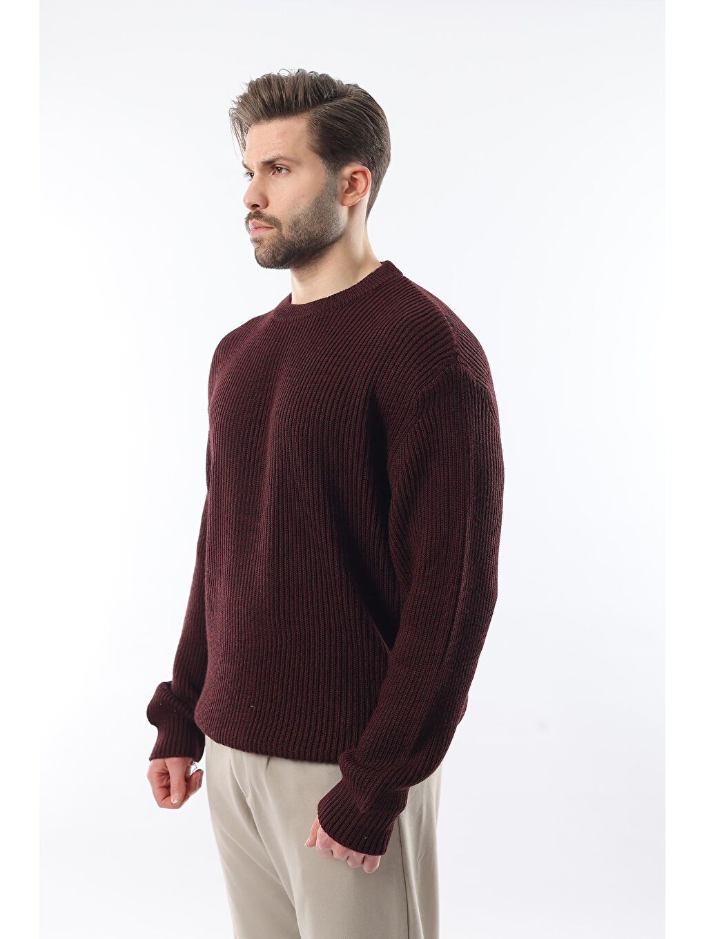 Bordo Bisiklet Yaka Triko Erkek Kazak E7410-1