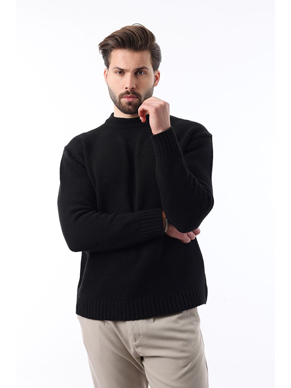 Siyah Bisiklet Yaka Overfit Erkek Triko Kazak E7402-4