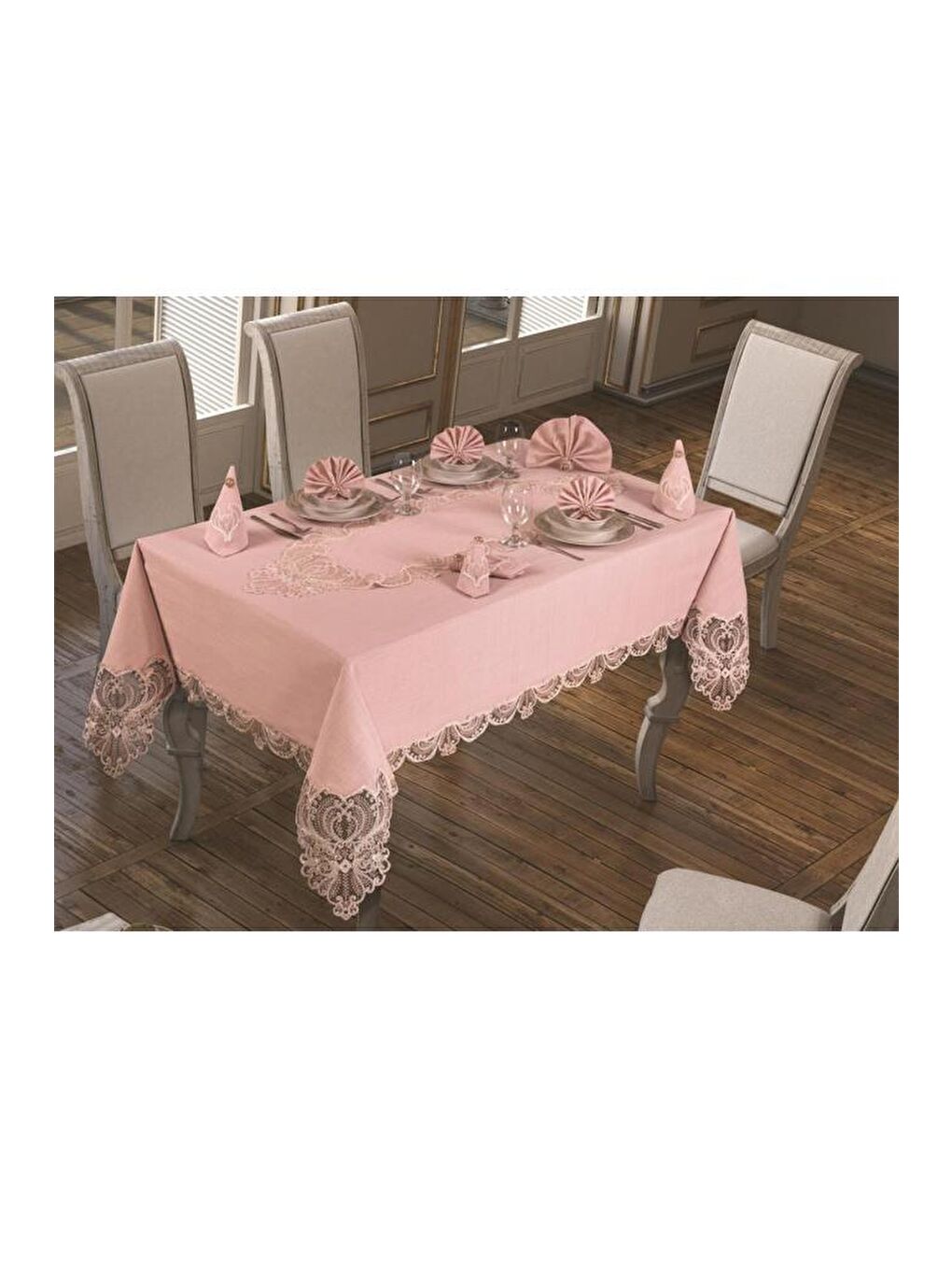 Pembe Fransız Güpürlü Yasemin Kadife Tek Masa Örtüsü Pudra-2