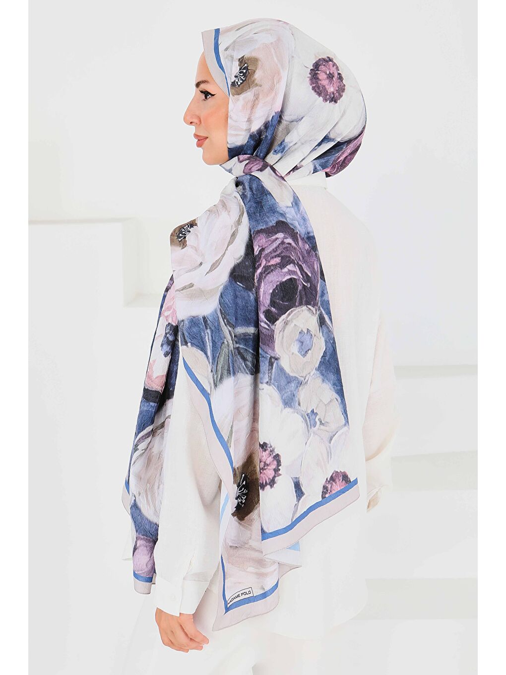 Mavi Desenli Bambu Kare Şal Saks - 27523-2