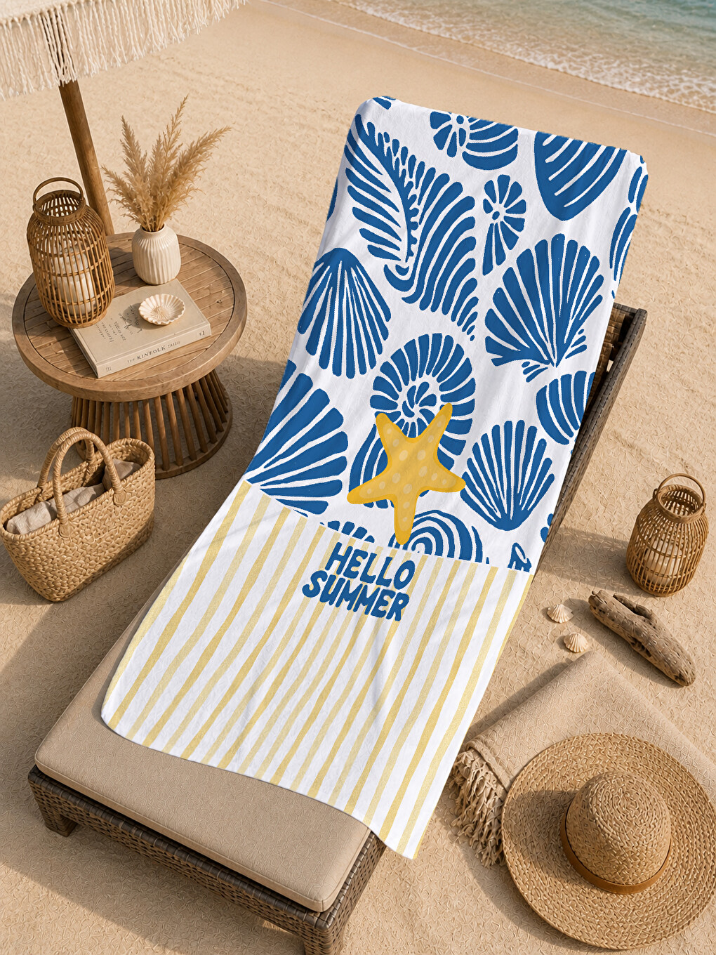 Mavi Tropikal Yaprak Sarı Çiçek Hello Summer Desenli 70x150 Cm Dijital Baskılı Plaj Ve Banyo Havlusu-4