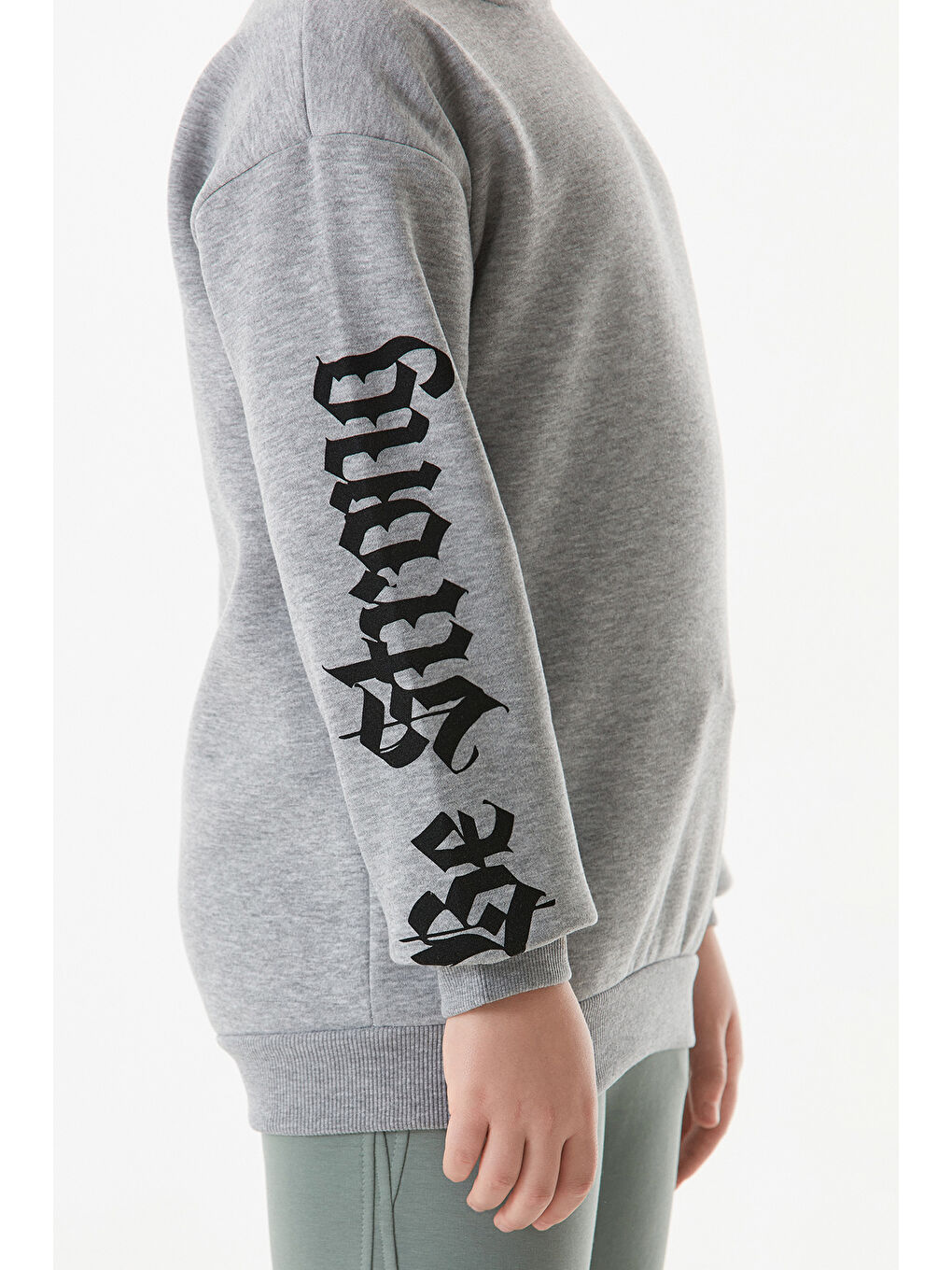 Gri Kolu Be Strong Yazı Baskılı Bisiklet Yaka Erkek Çocuk Sweatshirt-3