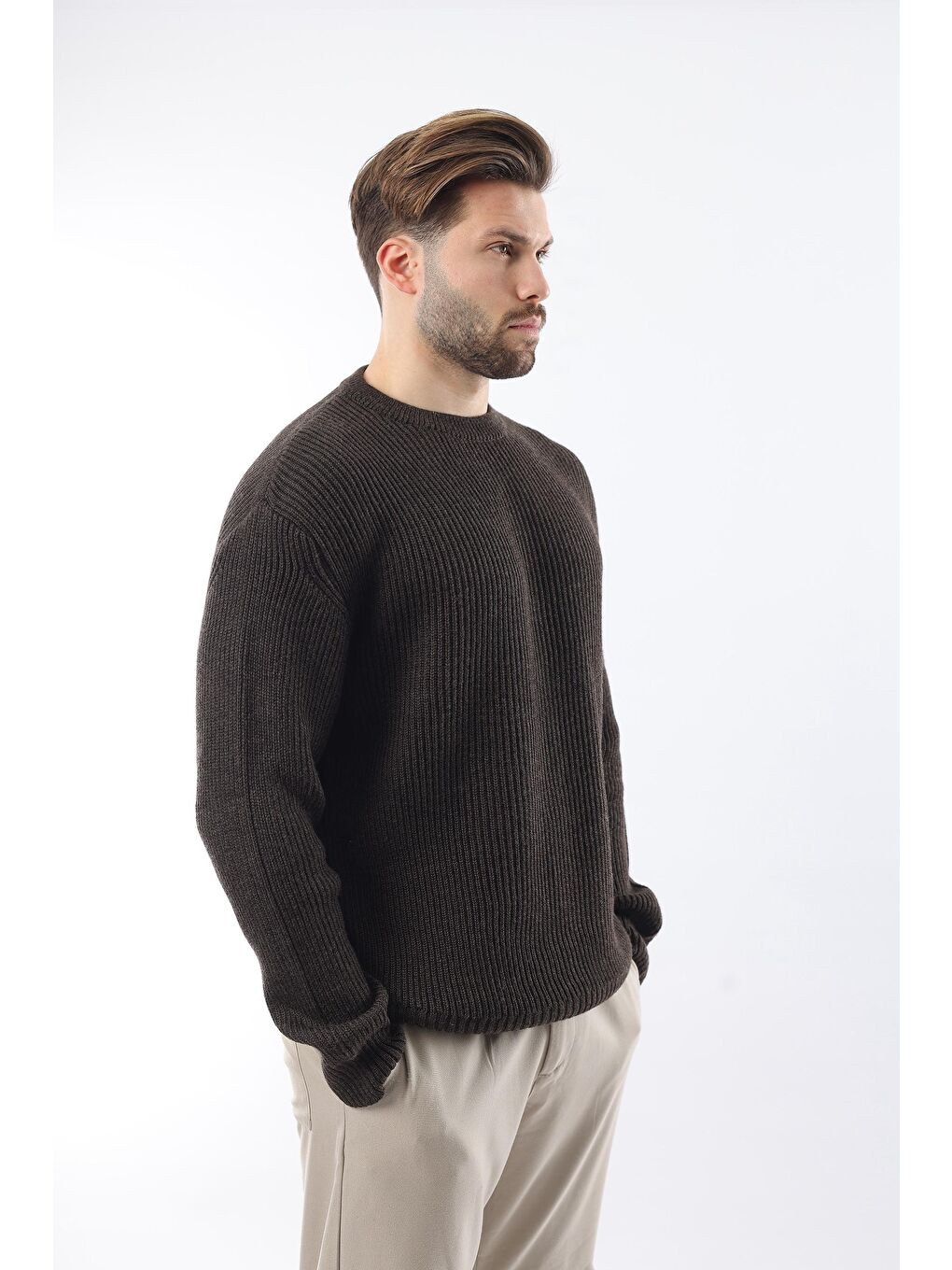 Kahverengi Bisiklet Yaka Triko Erkek Kazak E7410-2