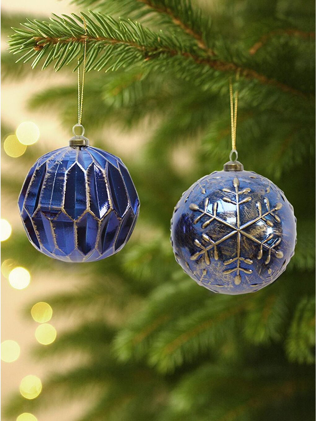 Sarı Yılbaşı Topu – Lacivert Altın Desenli Retro Çam Ağacı Süsü 10 cm – 2'li-1