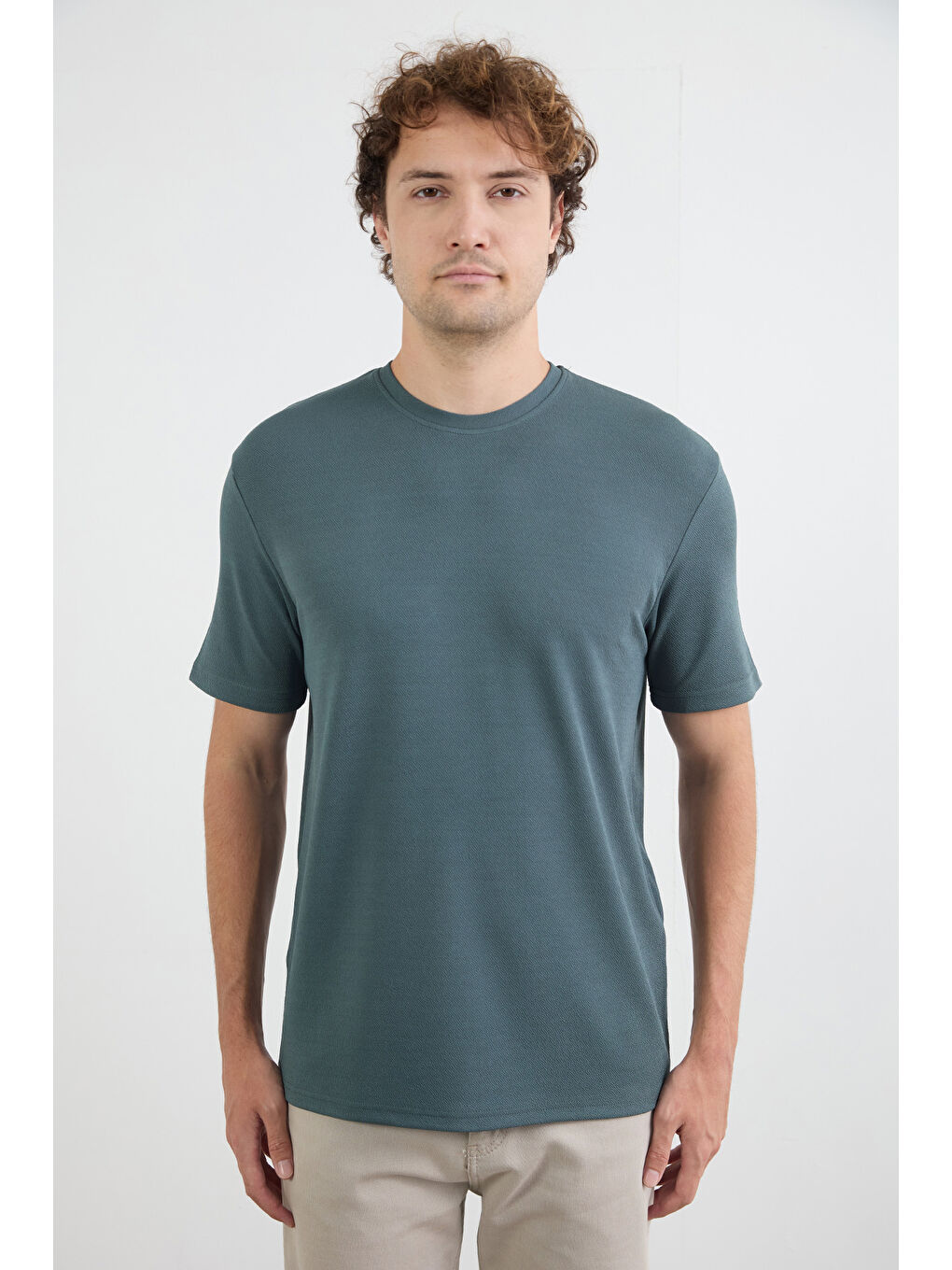 Petrol Basic Jakarlı Bisiklet Yaka Tişört-4