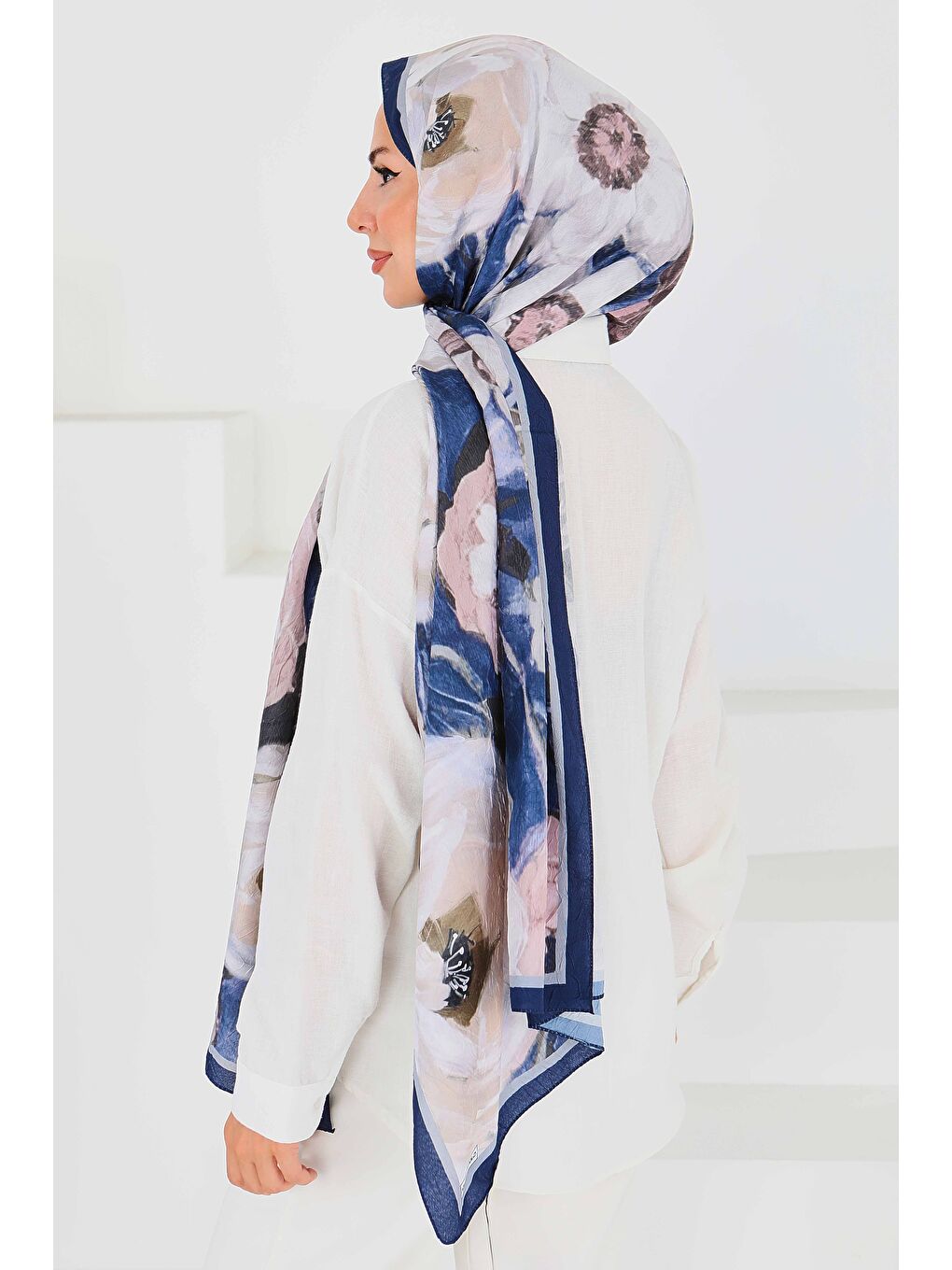 Desenli Bambu Kare Şal Lacivert - 27523-3