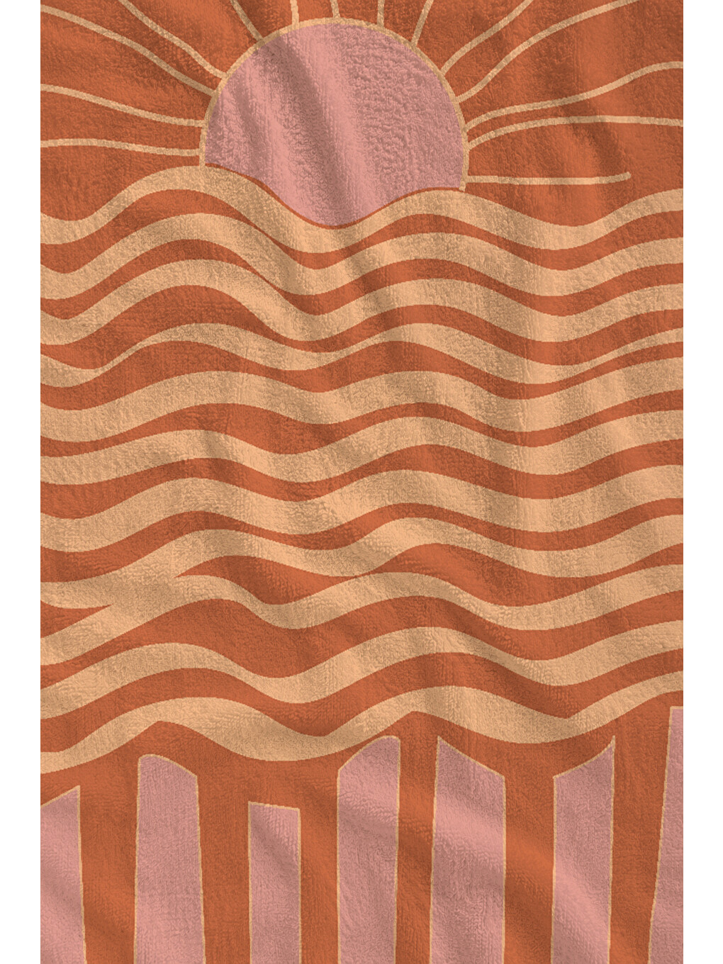 Kiremit Pembe Retro Batımı Ve Dalga Çizgili 70x150 Cm Dijital Baskılı Plaj Ve Banyo Havlusu-1