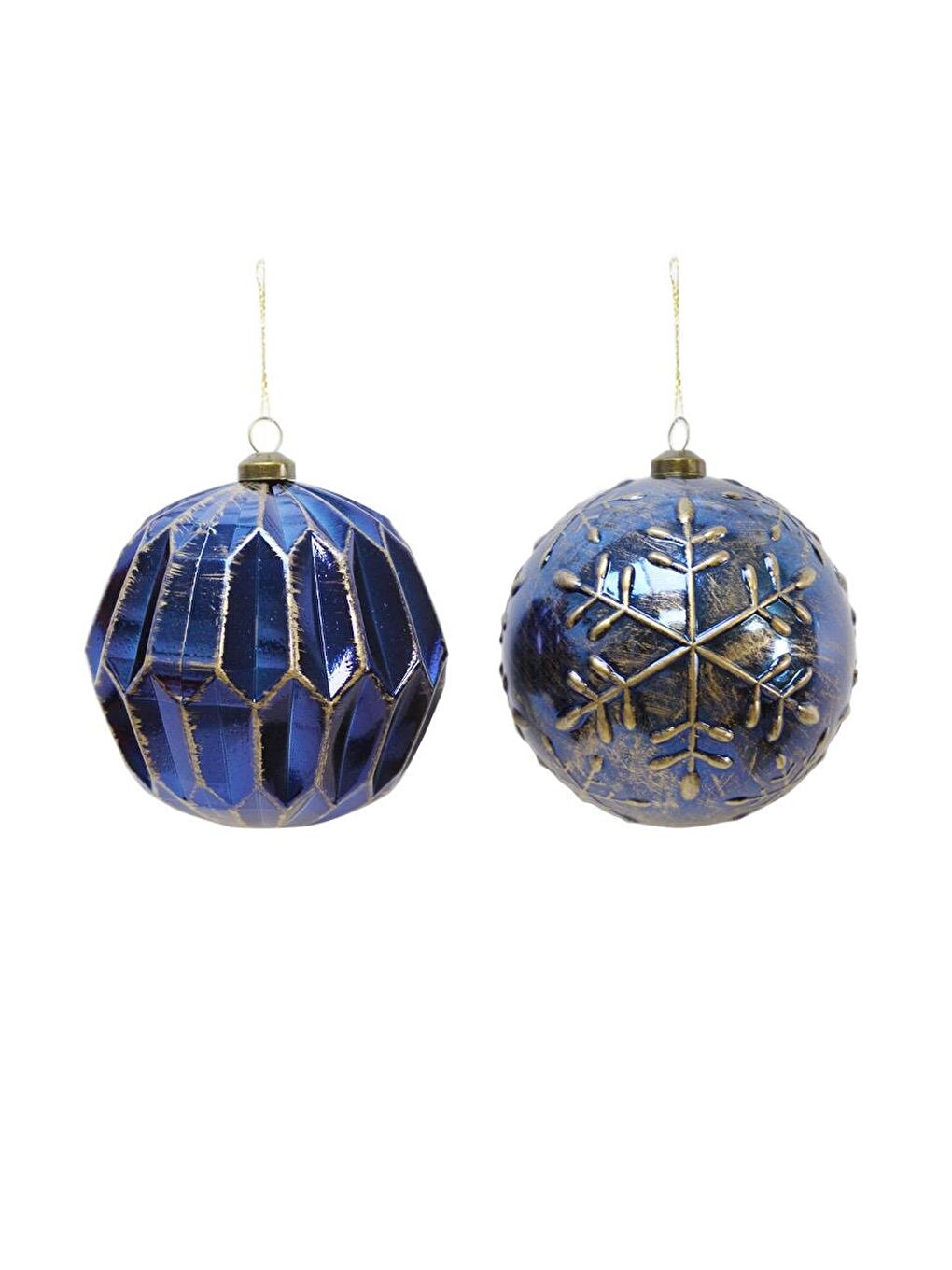 Sarı Yılbaşı Topu – Lacivert Altın Desenli Retro Çam Ağacı Süsü 10 cm – 2'li-2