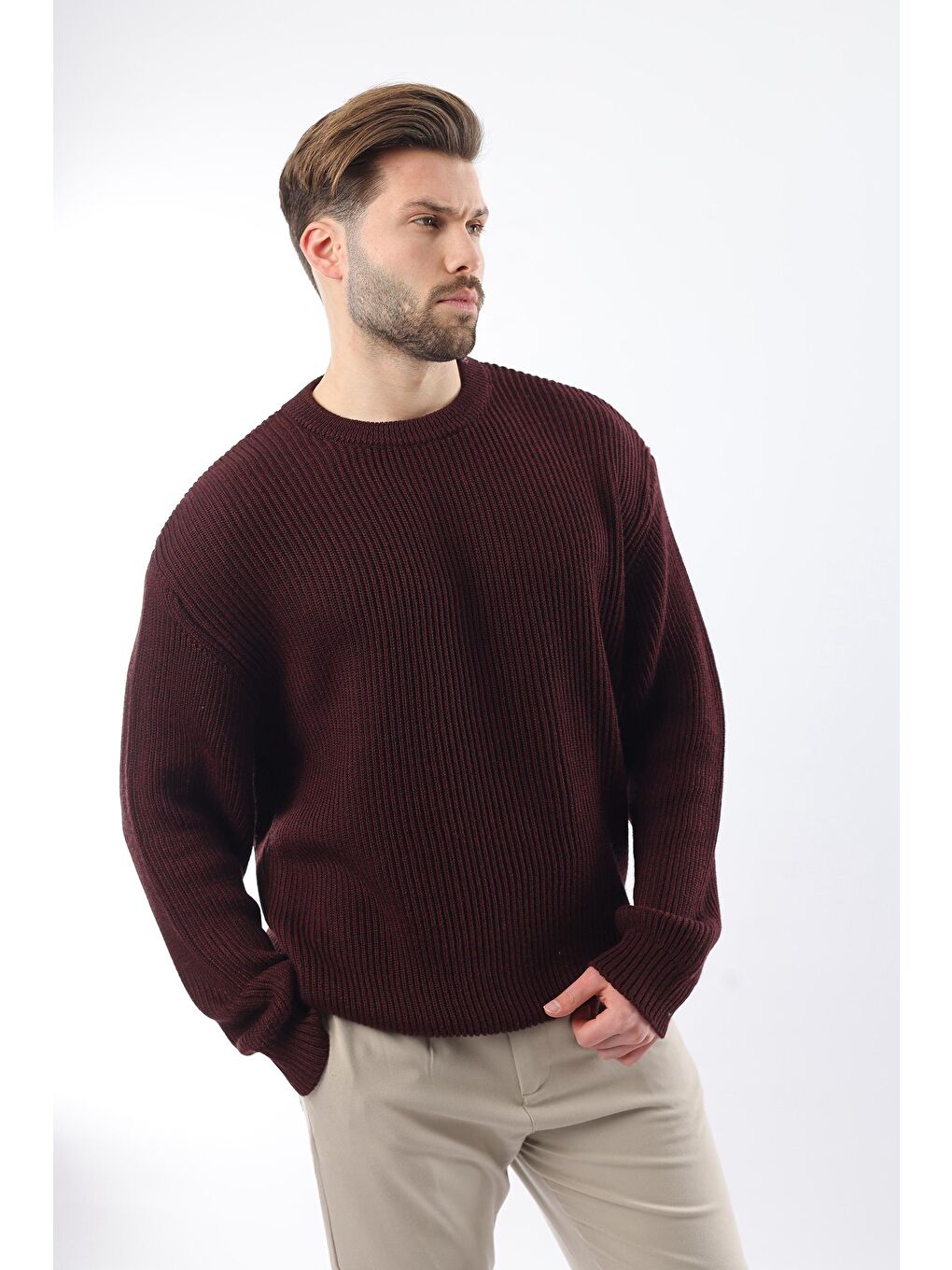 Bordo Bisiklet Yaka Triko Erkek Kazak E7410-2