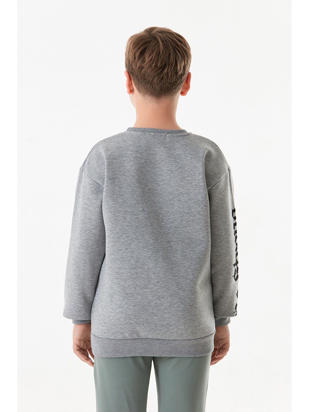 Gri Kolu Be Strong Yazı Baskılı Bisiklet Yaka Erkek Çocuk Sweatshirt-4