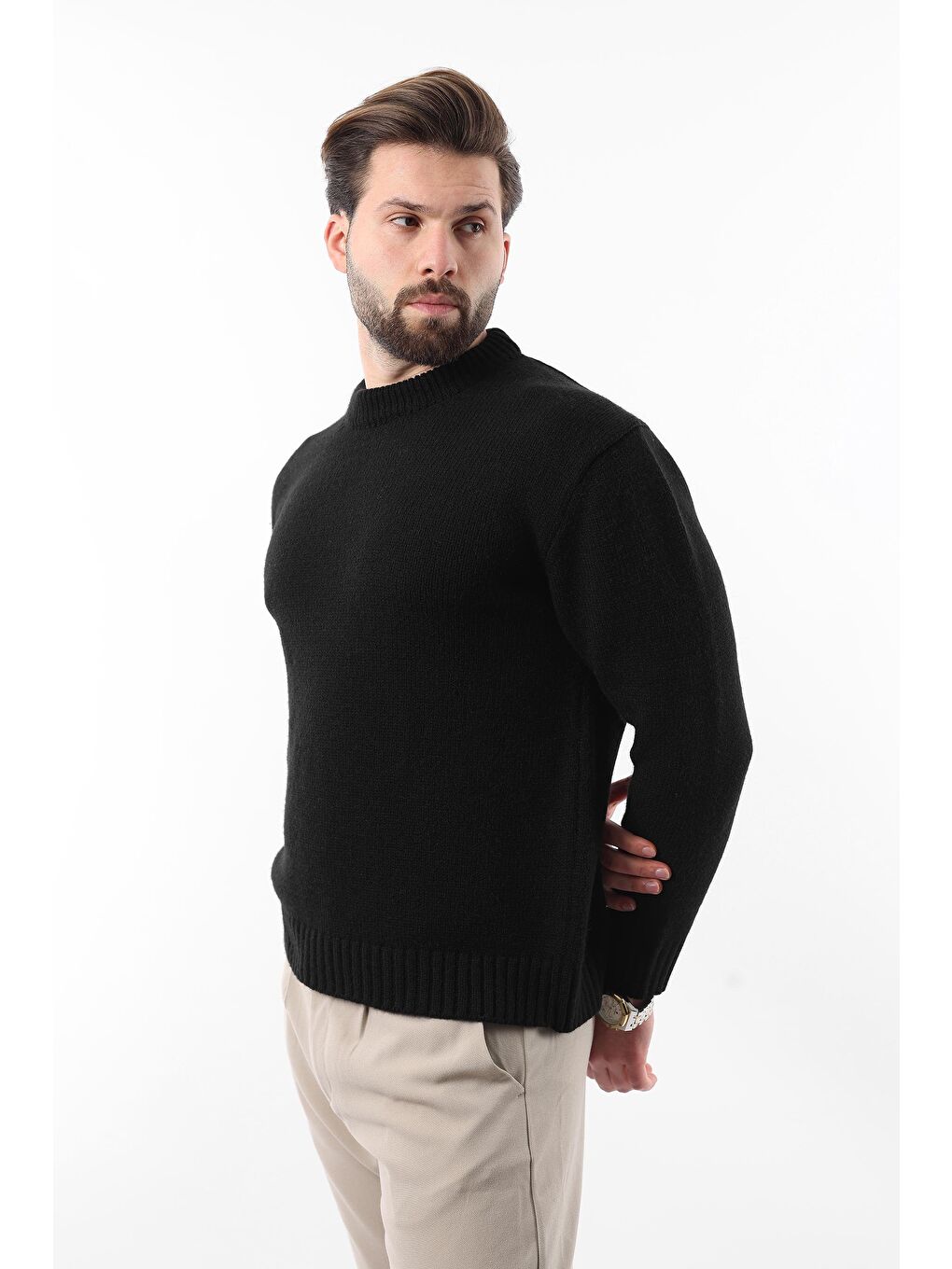 Siyah Bisiklet Yaka Overfit Erkek Triko Kazak E7402-5