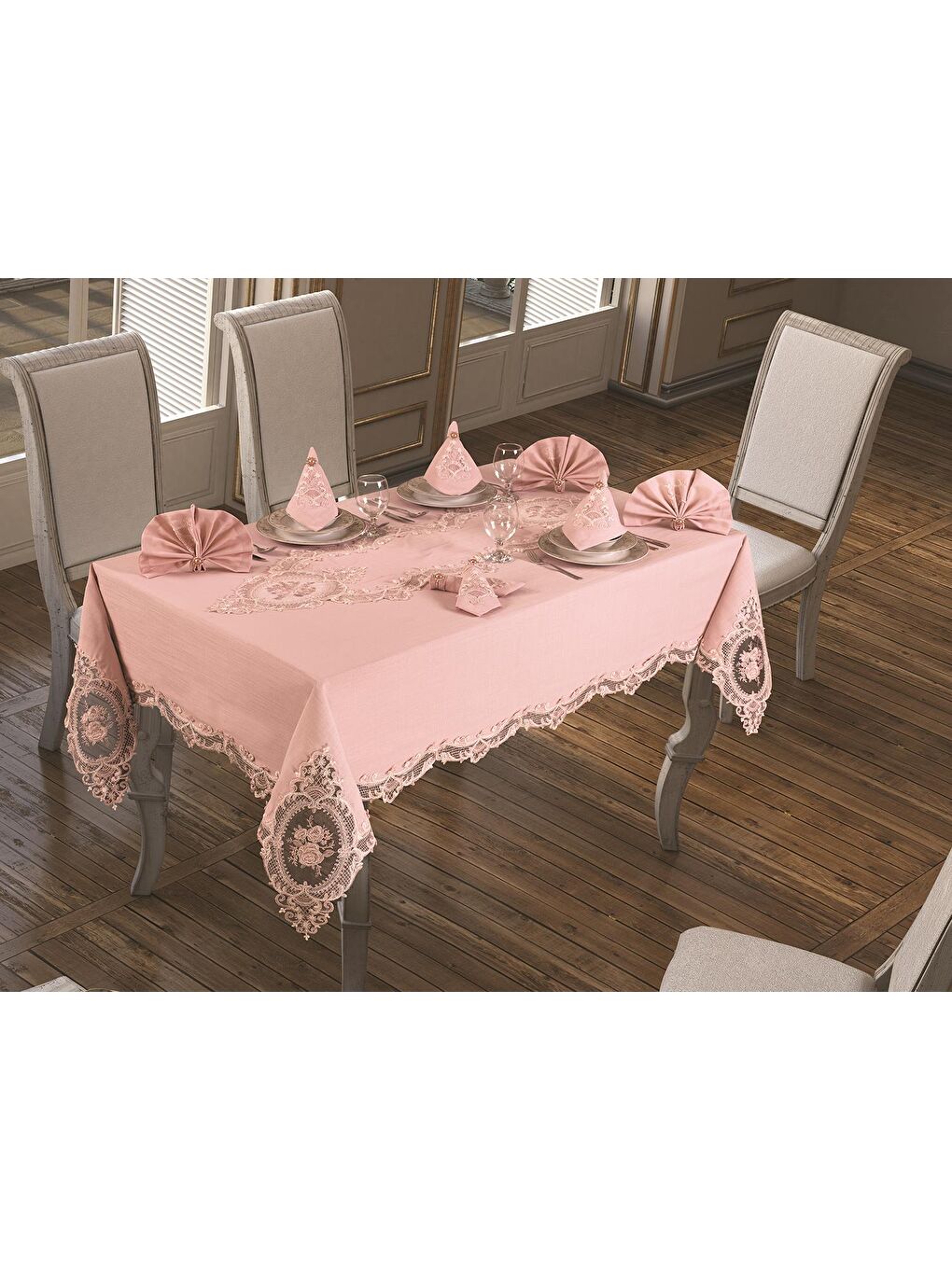 Pembe Fransız Güpürlü Elit Masa Örtüsü Takımı 18 Parça Pudra
