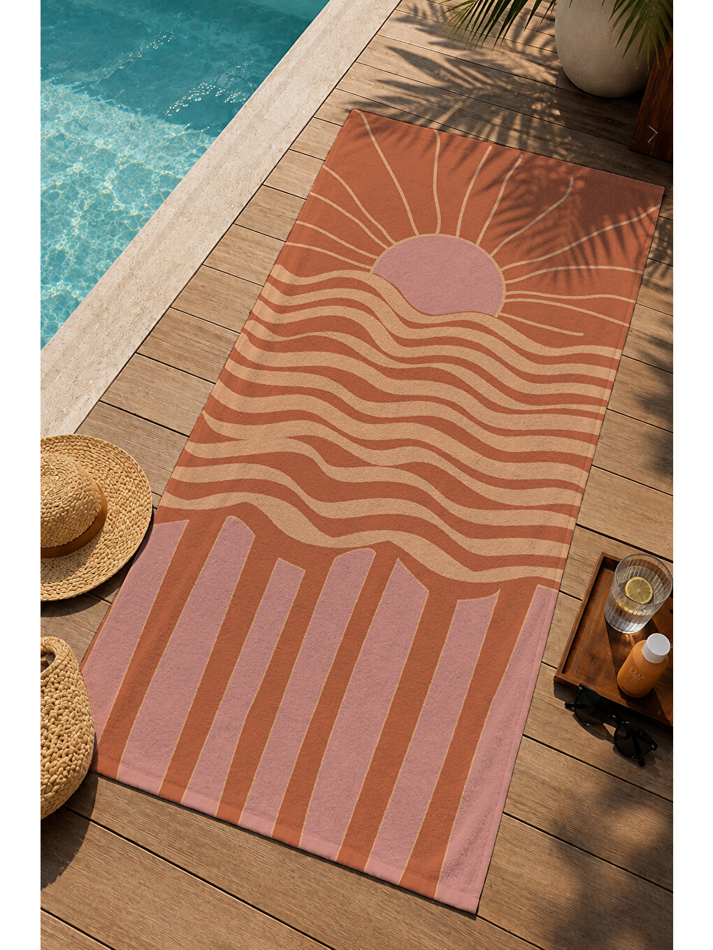 Kiremit Pembe Retro Batımı Ve Dalga Çizgili 70x150 Cm Dijital Baskılı Plaj Ve Banyo Havlusu-2