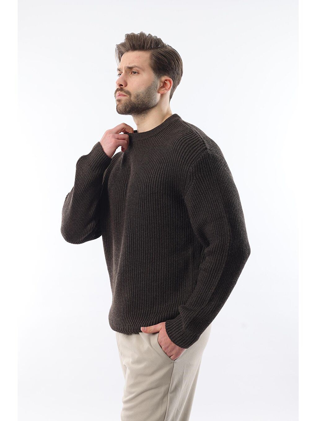 Kahverengi Bisiklet Yaka Triko Erkek Kazak E7410-3