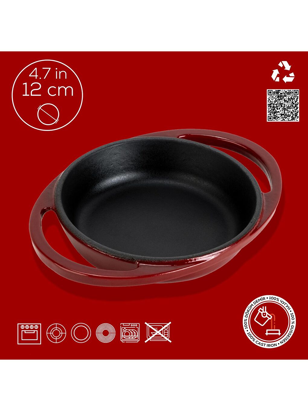 Bordo Yuvarlak Sahan Döküm Demir Yekpare Çift Kulplu Çap(Ø)12cm.-3