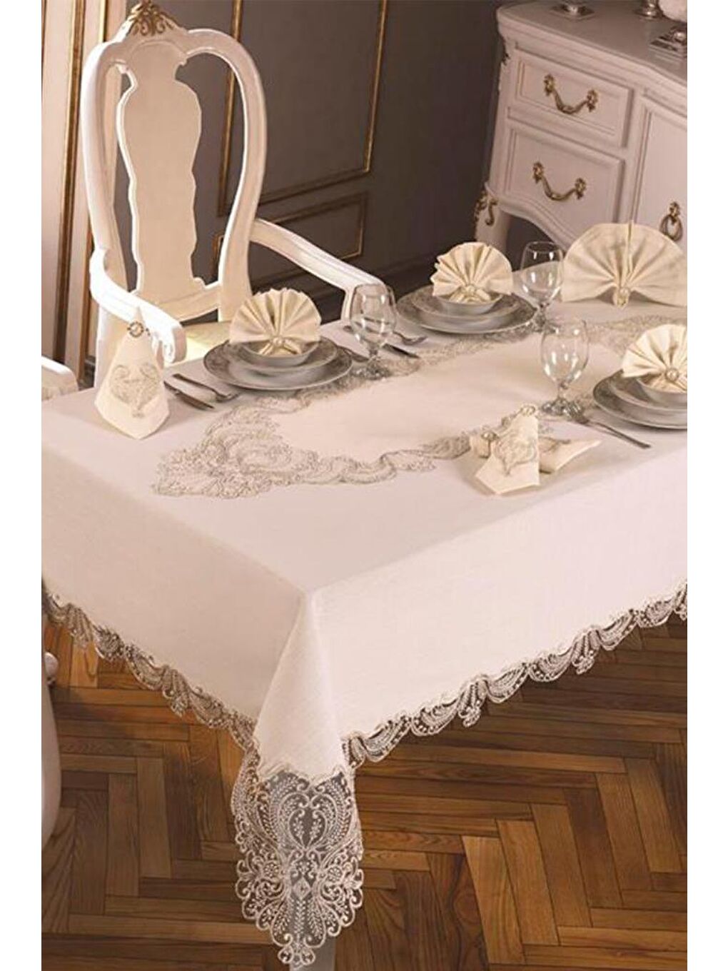 Ekru Fransız Güpürlü Yasemin Kadife Tek Masa Örtüsü Krem Krem-1