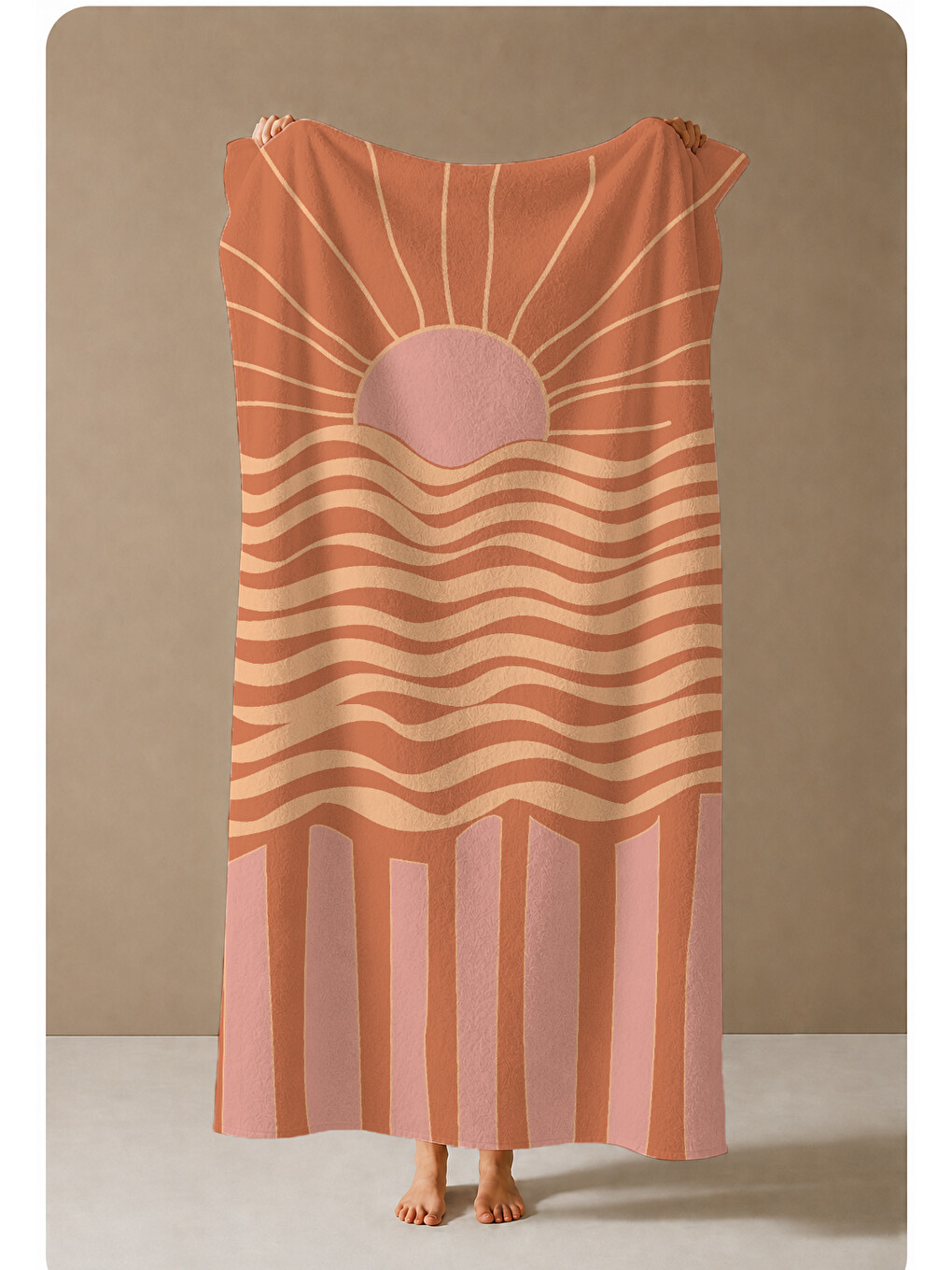 Kiremit Pembe Retro Batımı Ve Dalga Çizgili 70x150 Cm Dijital Baskılı Plaj Ve Banyo Havlusu-3