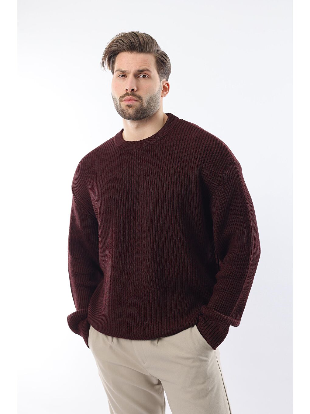 Bordo Bisiklet Yaka Triko Erkek Kazak E7410-3