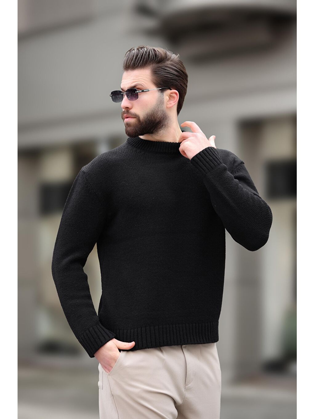 Siyah Bisiklet Yaka Overfit Erkek Triko Kazak E7402-6