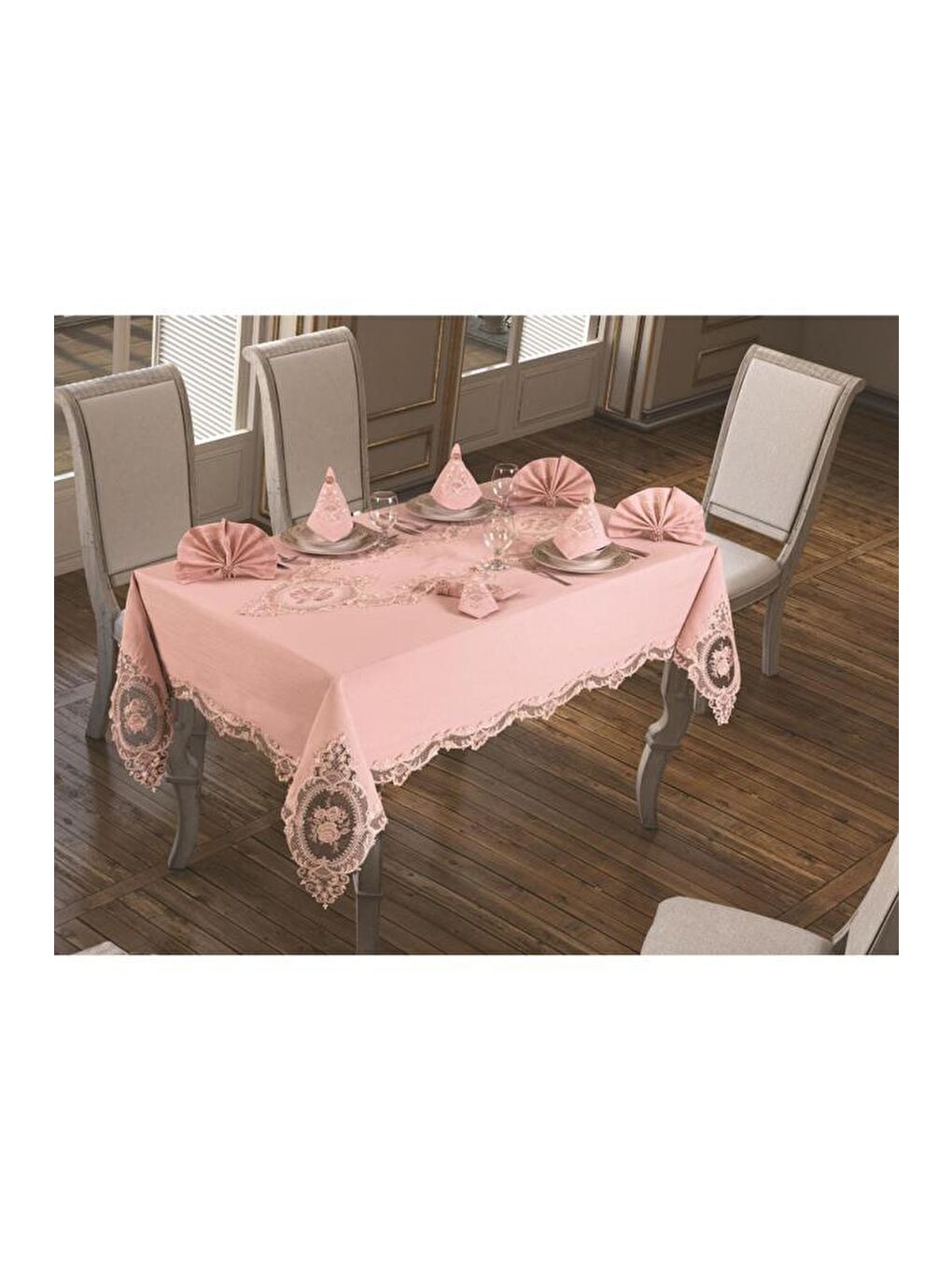 Pembe Fransız Güpürlü Elit Masa Örtüsü Takımı 18 Parça Pudra-2