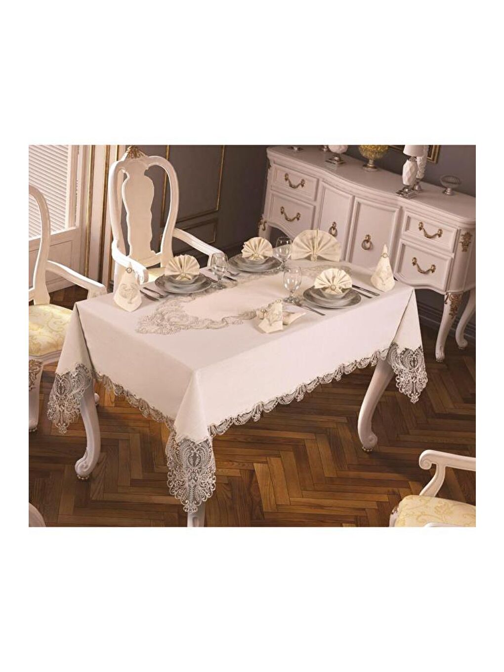 Ekru Fransız Güpürlü Yasemin Kadife Tek Masa Örtüsü Krem Krem-2