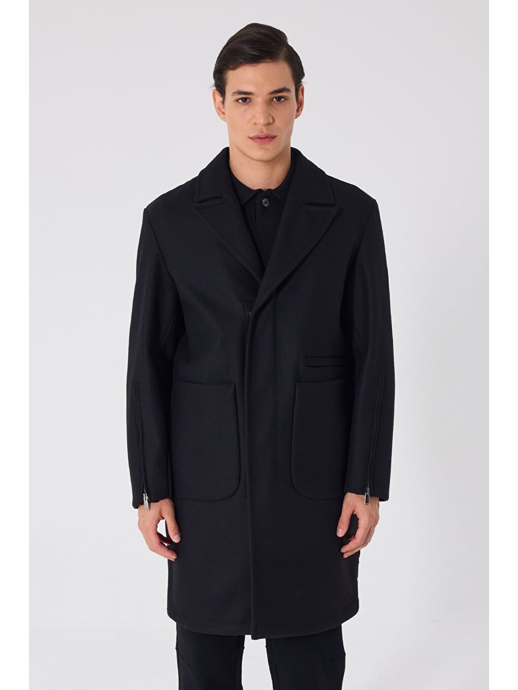 Giotelli Siyah Regular Fit Ceket Yaka Yünlü Kaşe Kaban