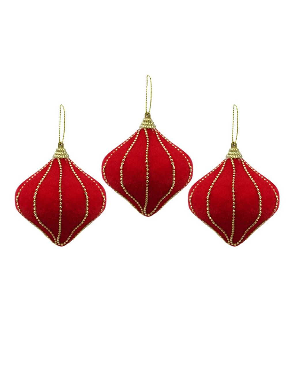 Kadife Yılbaşı Topu – Altın Boncuk Detaylı Damla Çam Ağacı Süsü Kırmızı 8 cm 3'lü-1