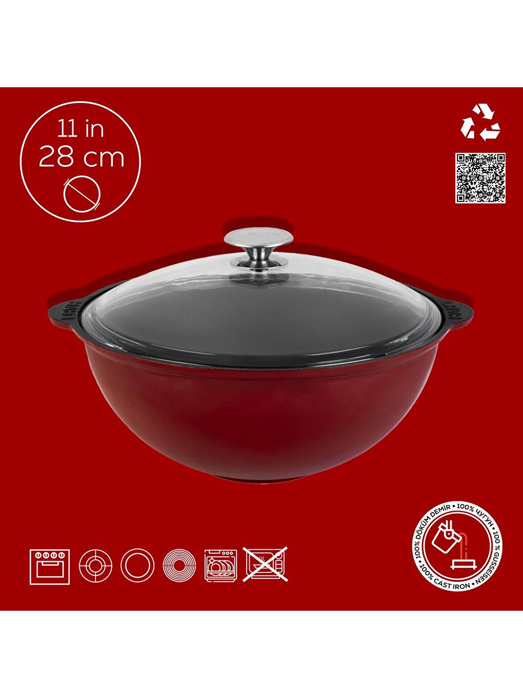 Bordo Yuvarlak Cam Kapaklı Kazan / Tencere. Döküm Demir Yekpare Kulplu Çap(Ø)28 cm.-3