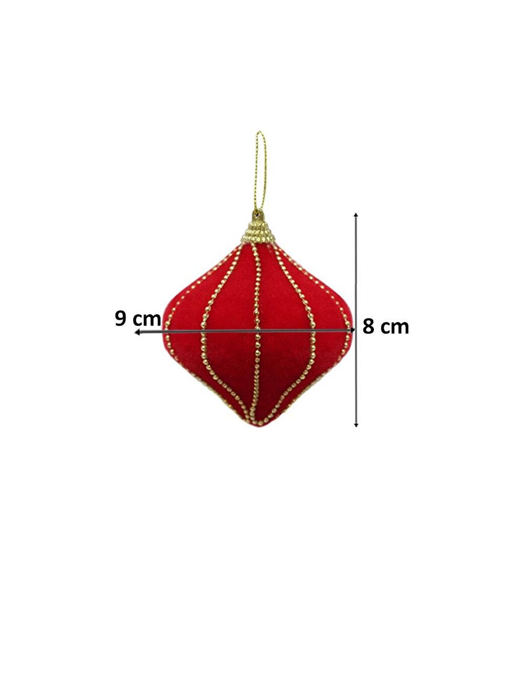 Kadife Yılbaşı Topu – Altın Boncuk Detaylı Damla Çam Ağacı Süsü Kırmızı 8 cm 3'lü-2