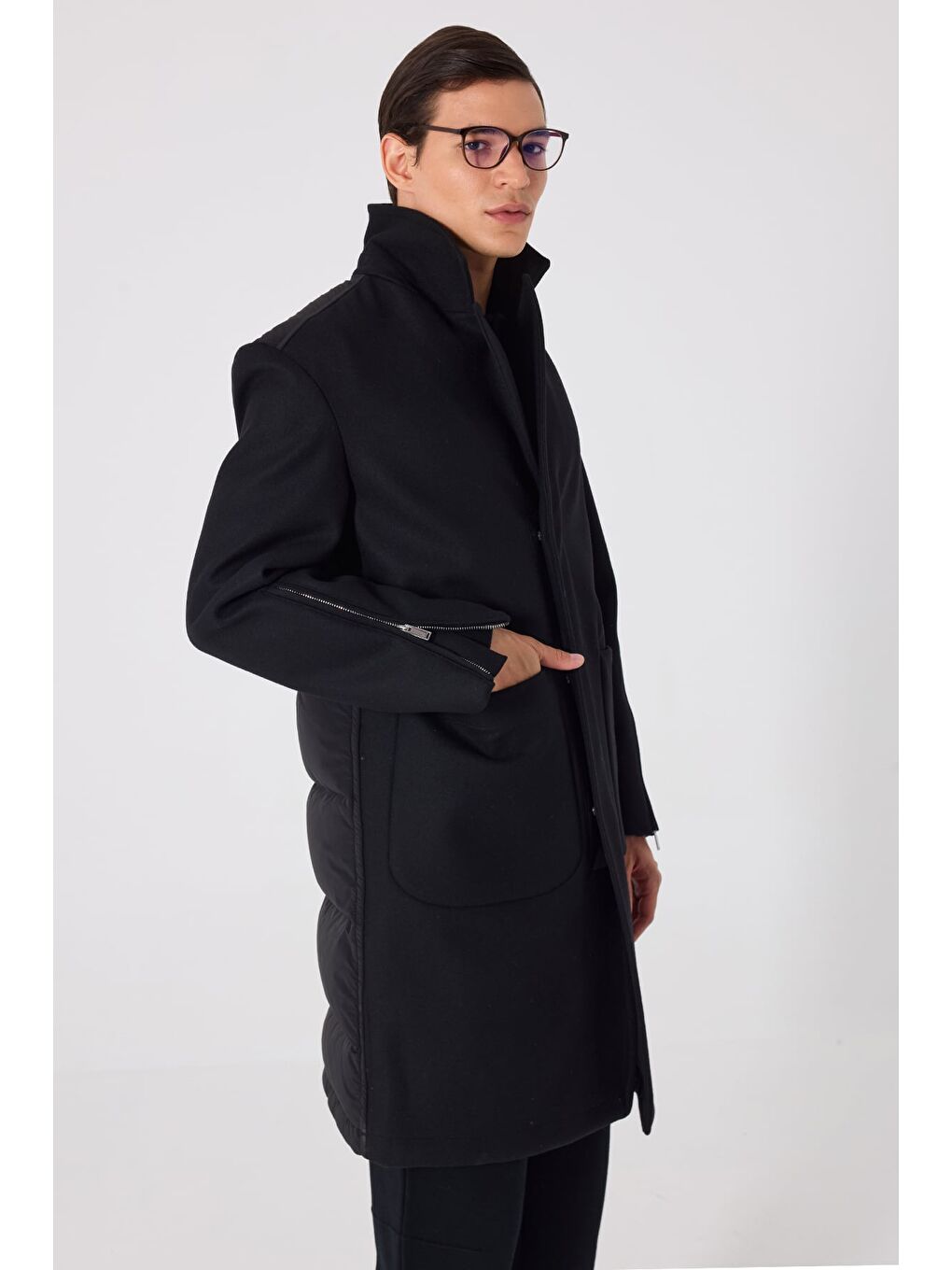 Giotelli Siyah Regular Fit Ceket Yaka Yünlü Kaşe Kaban-3