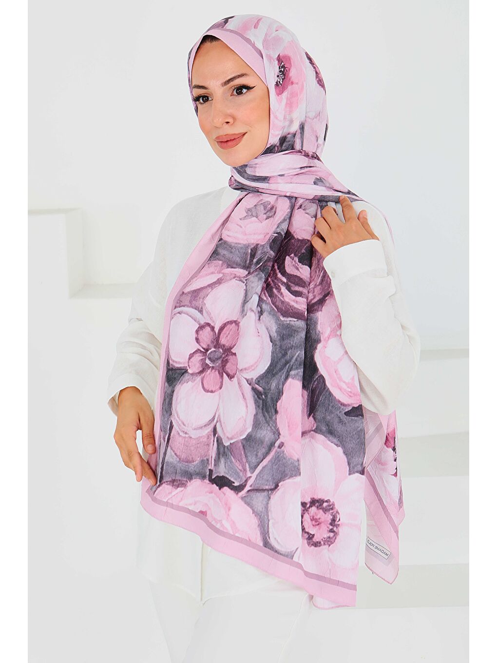 Pembe Desenli Bambu Kare Şal Gül - 27523-1