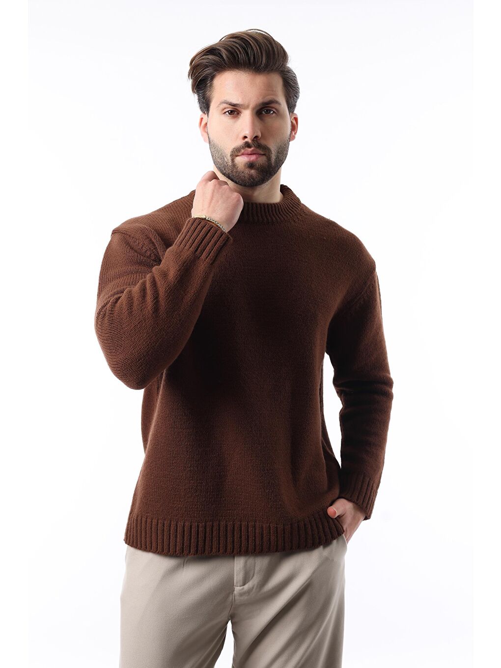 Kahverengi Bisiklet Yaka Overfit Erkek Triko Kazak E7402-1