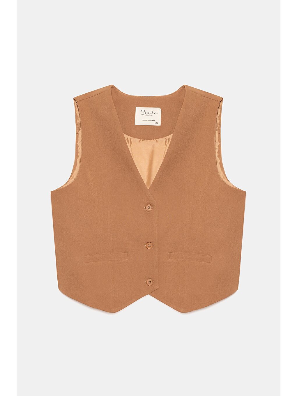 Kahverengi Kamel Kadın V Yaka Düğmeli Klasik Dokuma Blazer Yelek