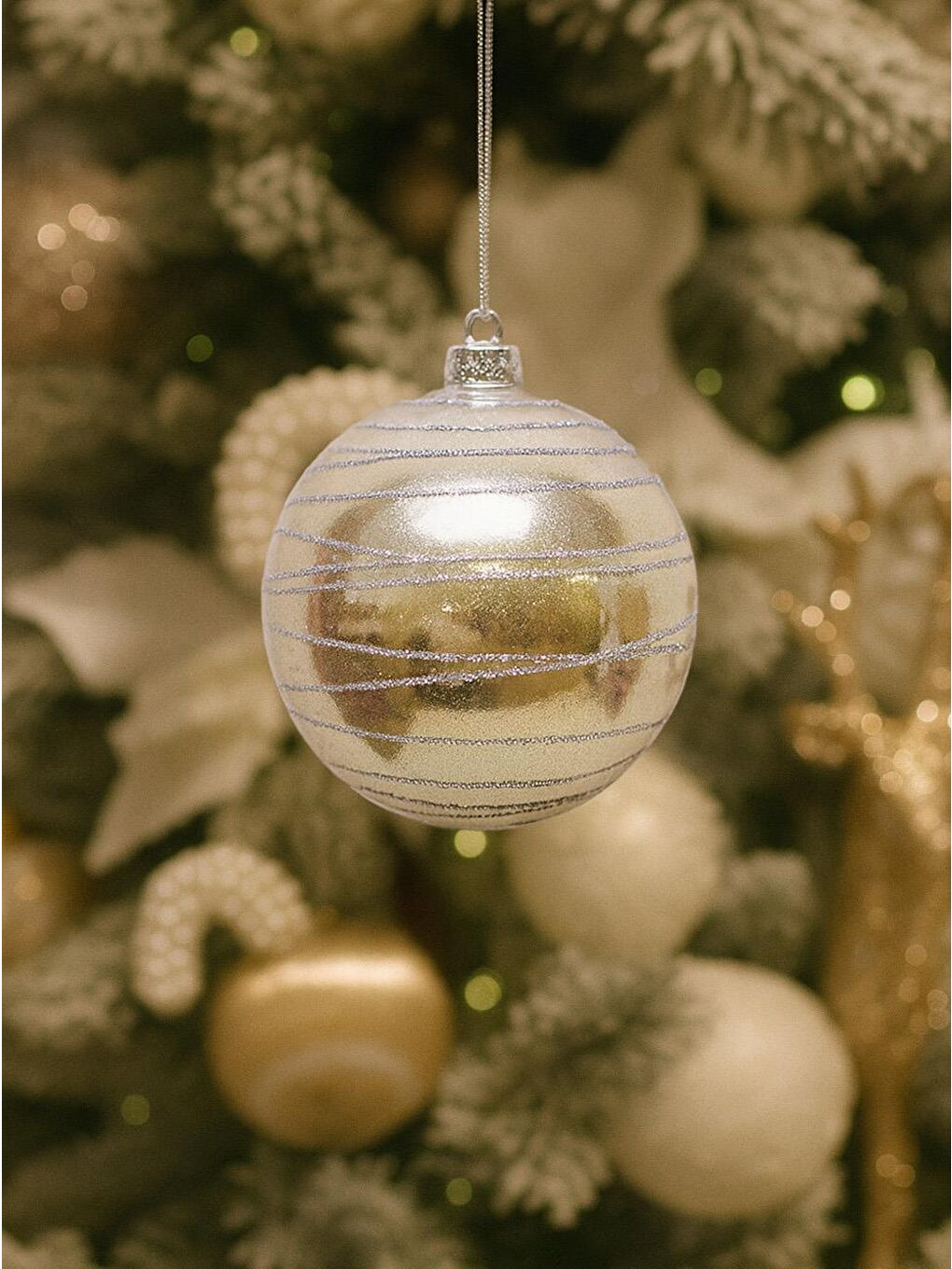 Ekru Yılbaşı Topu Gümüş Işıltılı Simli Çam Ağacı Süsü Işıltılı Açık Krem 8 cm 3'lü