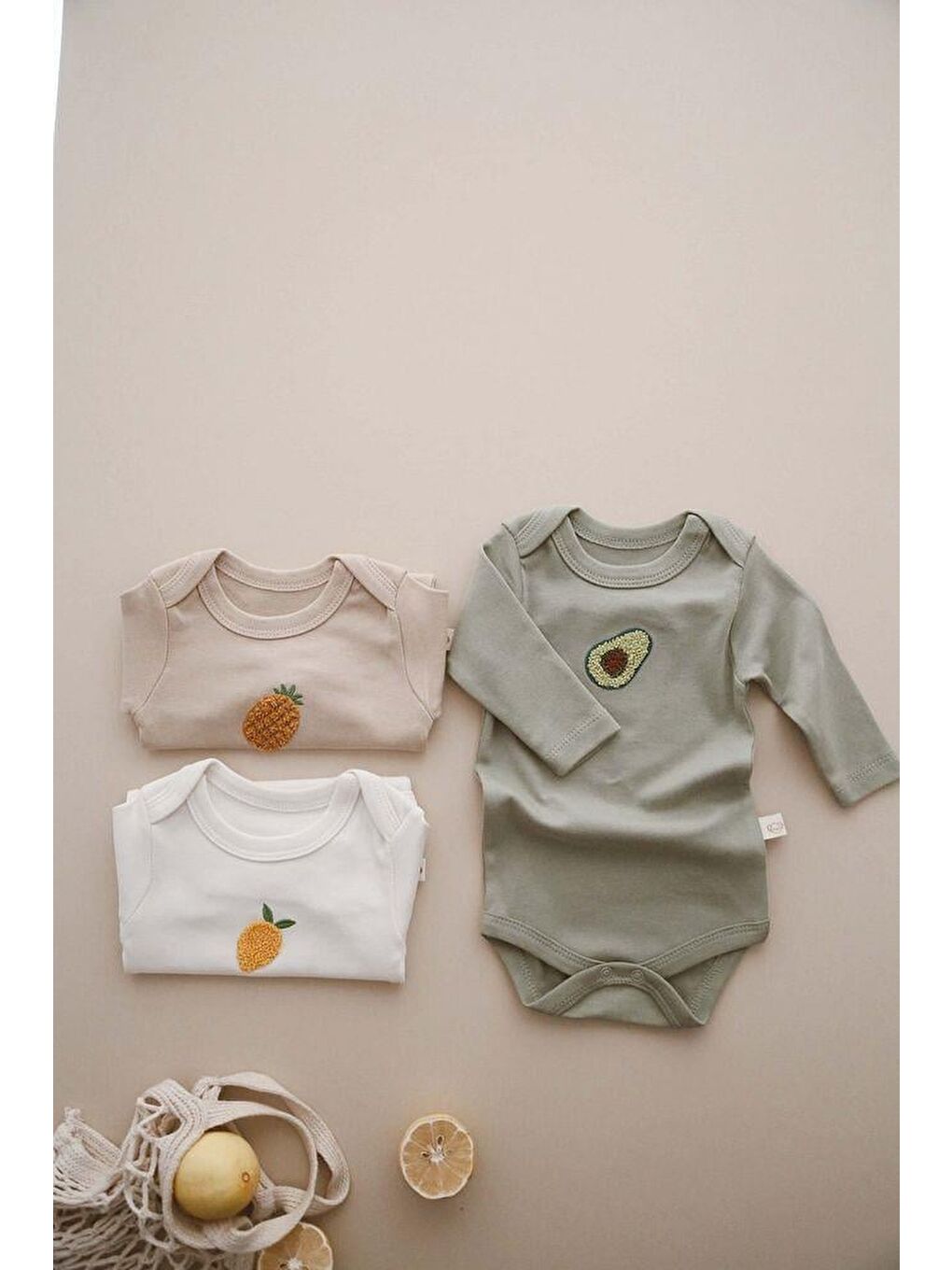 Bej 3Lü Nakışlı Çıt Çıtlı Uzun Kollu Body-Zıbın Model 3-1