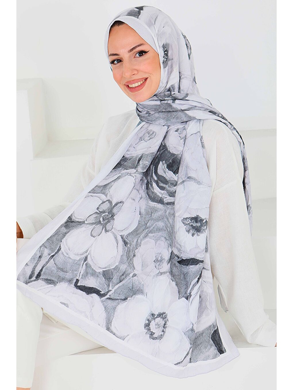 Desenli Bambu Kare Şal Gri - 27523-1